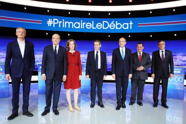 左起:勒梅尔、朱佩、莫里塞、萨科齐、科佩、普瓦松和菲永。(AFP/Getty Images) 左起:勒梅尔、朱佩、莫里塞、萨科齐、科佩、普瓦松和菲永。(AFP/Getty Images)