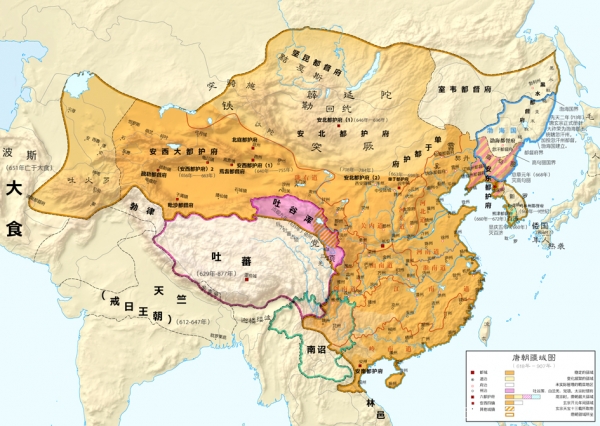 唐朝疆域图(橙色为唐朝固定疆域)