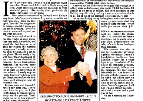 当时的纽约杂志报道川普替Annabel Hill偿还贷款,烧掉借据。 当时的纽约杂志报道川普替Annabel Hill偿还贷款,烧掉借据。
