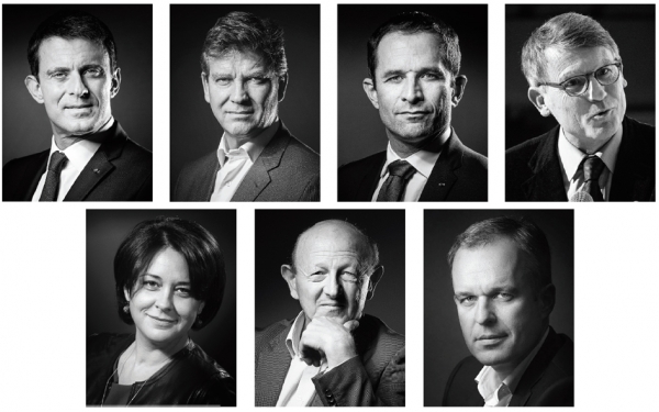 从上至下,从左至右分别为:Manuel Valls、Arnaud Montebourg、Benoît Hamon、Vincent Peillon、 Sylvia Pinel、Jean-Luc Bennahmias、François de Rugy. (AFP/Getty Images) 从上至下,从左至右分别为:Manuel Valls、Arnaud Montebourg、Benoît Hamon、Vincent Peillon、 Sylvia