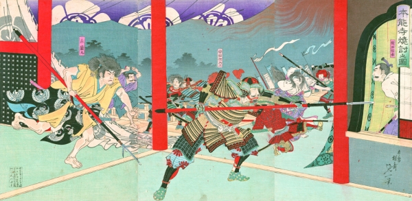 日本浮世绘——本能寺烧讨之图,右一为织田信长。(维基百科) 日本浮世绘——本能寺烧讨之图,右一为织田信长。(维基百科)