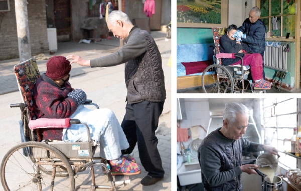左图：王大爷对高大妈的照顾无微不至，每逢天气好的时候，王大爷就会推着高大妈出去透透气；右下图：高大妈因失去吞咽功能，无法吃饭，21年里，王大爷要把每顿饭都做成流