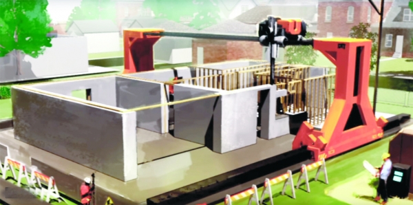 美国南加州大学Behrokh Khoshnevis教授所研发设计的巨型机器人Contour Crafting可以打造一栋房子。(视频截图) 美国南加州大学Behrokh Khoshnevis教授所研发设计的巨型机器人Contour Crafting可以打造一栋房子。(视频截图)