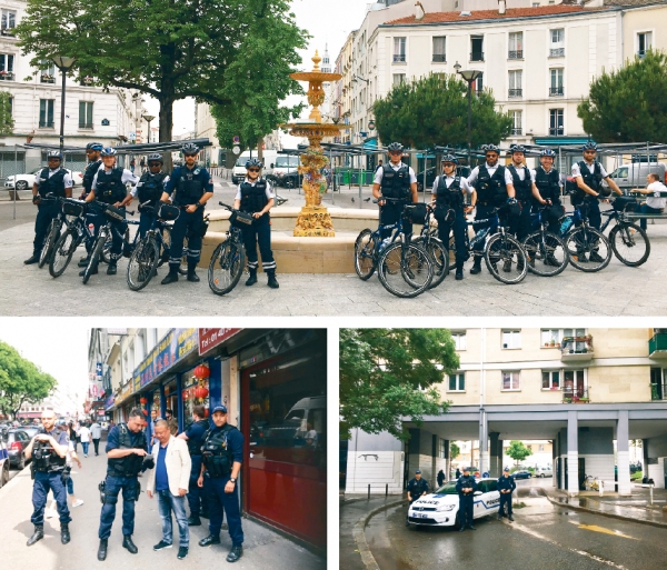上图:摄于Place de la Réunion的BTC20的自行车巡逻队;左下图:美丽城地区联络警队与当地华商保持紧密联系。右下图:位于Porte de Bagnolet附近的Joseph Python居民区入口处的警队与新款大众高尔夫电动警车,PSQ同样保证警方在紧急出勤时能更快速地出车执行任务。(照片由巴黎20区警察局提供) 上图:摄于Place de la Réunion的BTC20的自行车巡逻队;左下图:美丽城地区联络警队与当地华商保持紧密联系。右下图:位于Porte de Ba