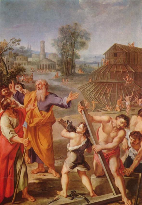 1675年所绘的诺亚方舟,描述诺亚建造船时的故事。