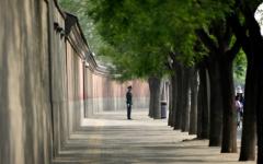 2013年5月6日，一名士兵在中南海领导大院的红墙旁站岗。（图片来源：Getty Images）