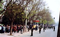 1999年4月25日，上万名在北京上访的法轮功学员被警察引导站在中南海西边的府右街上。现场有大量的警察把守，但面对和平、理性的上访者，他们显得放松自如。（图片来源：明慧网）