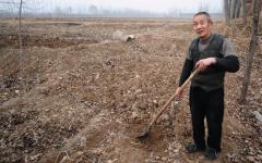 2009年2月24日，在山东省德州郊外的一片干涸田地里，棉农周卫东正手持铁锹劳作。（图片来源：FREDERIC J.BROWN/AFP via Getty Images）