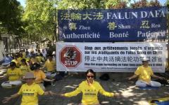 纪念7.20反迫害27周年集会活动当日，巴黎部分法轮功学员在集会现场展示法轮功五套功法。（图片来源：法国看中国记者站）