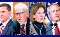 弗林将军“勤王”，米勒收权，鲍威尔、林伍德展开史诗级诉讼。（图片来源：弗林：CHRIS KLEPONIS/AFP VIA GETTY IMAGES；米勒：JOSHUA ROBERTS/POOL/AFP VIA GETTY IMAGES；鲍威尔：MANDEL NGAN/AFP VIA GETTY IMAGES；伍德：GAGE SKIDMORE/WIKI/CC BY-SA；）