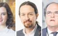 左图：右派人民党候选人阿尤索（PP Comunidad de Madrid/ Wikipedia/ CC-BY-2.0）；中图：左派我们能党候选人伊格莱西亚斯(La Moncloa-Gobierno de España/ Wikipedia)；右图：左派社工党候选人加比隆多（Junta de Andalucía/Wikipedia/CC BY-SA 2.0）