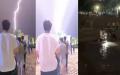 左图：这是视频的开始，一群人在排队。中图：然后突然一道雷击下来。右图：过了一会儿，医护人员开始来抬伤者了。