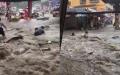 西安突降暴雨马路成河，有商贩连人带车被冲走。（图片来源：视频截图）