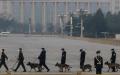 2022年3月10日，在北京人民大会堂举行的全国政协会议闭幕前，中共警犬和爆炸物处理队在天安门广场进行安检。（图片来源：Kevin Frayer/Getty Images）