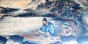 颐和园长廊绘画（局部）：子期听琴。图中弹琴的人为伯牙。（公有领域）