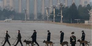2022年3月10日，在北京人民大会堂举行的全国政协会议闭幕前，中共警犬和爆炸物处理队在天安门广场进行安检。（图片来源：Kevin Frayer/Getty Images）