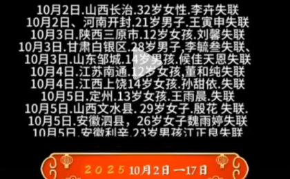 传大陆10月份的22天内失踪107人。（图片来源：网路截图）