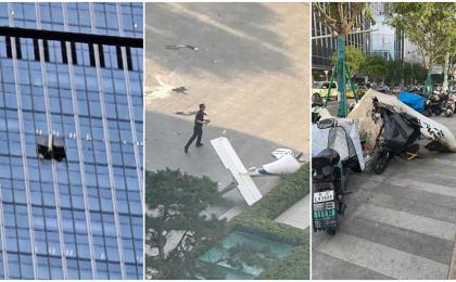 2026年6月26日，一架小飞机撞上北京中信大厦，残骸散落一地。（网络图片）
