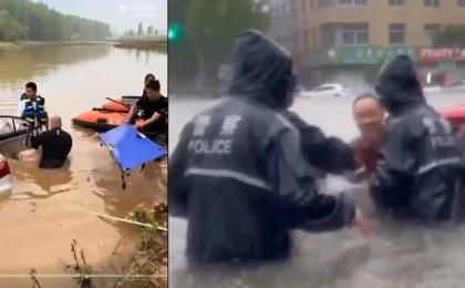 山东 临沂 洪水泡车拉出尸体 警察摆拍（图片来源: 视频截图 X 推特）