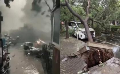 北京8月7日遭狂风暴雨侵袭，一度天昏地暗，大树成片倒地甚至连根拔起。（图片来源：视频截图）