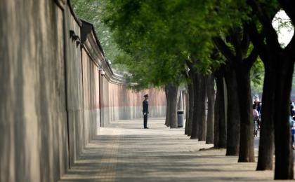 一名军警在中南海大院的红墙旁站岗。（JASON LEE/AFP via Getty Images） 