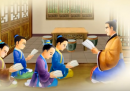 古时学童在学堂读书。