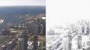 纽约州出现流星大爆炸，整座城市瞬间被一片白光笼罩，上图为爆炸时同一地点的对比图片。（视频截图）