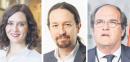 左图：右派人民党候选人阿尤索（PP Comunidad de Madrid/ Wikipedia/ CC-BY-2.0）；中图：左派我们能党候选人伊格莱西亚斯(La Moncloa-Gobierno de España/ Wikipedia)；右图：左派社工党候选人加比隆多（Junta de Andalucía/Wikipedia/CC BY-SA 2.0）
