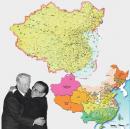 上图：中华民国从清朝至1949年前的版图，此时的版图和清末很接近，被称为美丽的“秋海棠叶”。下左图：1999年底，江泽民与叶利钦签订卖国条约。当江泽民会见叶利钦时，献媚地拥抱叶利钦。下右图：中国现在的地图，成“大公鸡”状。
