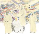 背景：《康熙南巡图》局部；左起：王时敏、王原祁、王鉴、王翚。（公有领域）