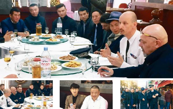 大图:赫贡警长(右二)在会议上总结2018年治安状况;下左图:赫贡警长与美丽城BTC警队;下中图;19区华人副区长王立杰(左)、美丽城联合商会会长姜金玉(右);下右图:会议后警长在走访美丽城街区的多个商家期间与20区华人副区长施伟明(中)交谈。