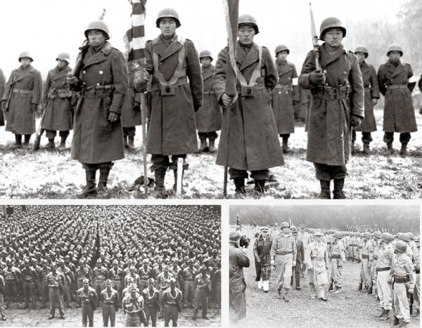 大图和左图:由日裔美军士兵组成的美军442步兵团;右图:杜鲁门总统走过第442步兵团。