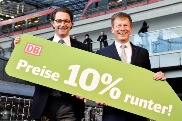 德国交通部长(Andreas Scheuer ,左)和铁路公司董事长(Richard Lutz,右)拿着“降价10%”的展板。(AFP/Getty Images)