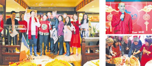 大图:法国马来西亚社团成员在中国新年的庆典午宴上合影。马来西亚社团主席叶俊聪(前排左一)、副主席Phebe Perrin(前排左二);右上图:马来西亚驻法国、摩纳哥和葡萄牙大使,及马来西亚社团保护人阿兹法尔•穆罕默德•穆斯塔法(Azfar Mohamad Mustafar)博士阁下新年致辞;右下图:午宴捞生;(摄影:林莲怡/看中国)