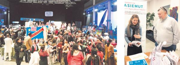 左图:ASIEMUT亚洲移民联合会在奥拜维利耶市l'Embarcadère场馆参加世界母语日活动现场;右图:ASIEMUT主席布赛先生(Claude Buchet)(右)与活动组织人肖维(Aurélie Chauvet)女士。