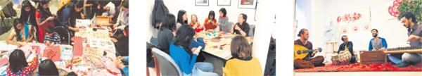 左图:ASIEMUT展台为孩子展示中国传统书法;中图:老师在联合会位于美丽城的总部教小孩折纸、做灯笼;右图:2月29日活动中举办的现场音乐会。