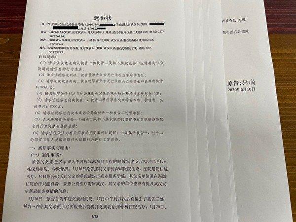 起诉书上,张海将武汉市政府、湖北省政府、武汉市中部战区总医院列为共同被告。(受访者提供)