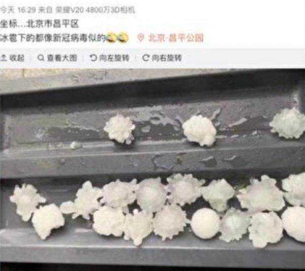 端午节北京等地突降冰雹,从网民晒出的图片可见,冰雹形状酷似冠状病毒。(图片来源:网络截图)