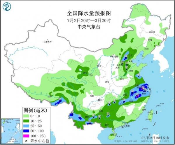 中央气象台7月2日清晨6时继续发布暴雨蓝色预警。(图片来源:中央气象台)