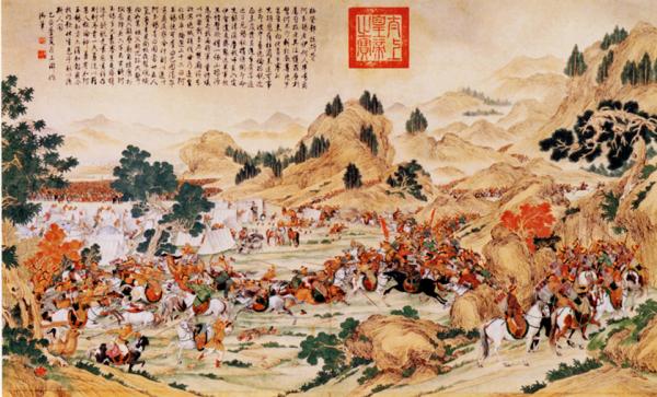 清乾隆平定准部回部得胜图之《格登鄂拉斫营图》,描绘乾隆二十年(1755年)阿玉锡率清军追击准噶尔汗达瓦齐至格登山之情形。(Ralph Hammann/Wikimedia Commons/CC BY-SA 4.0)