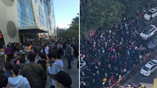大批家长和维权者聚集在北京朝阳商业区的优胜教育总部。（图片来源：网络图片）