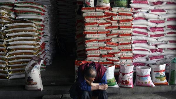 湖北一名工人在大米旁边休息。(示意图/图片来源:China Photos/Getty Images)