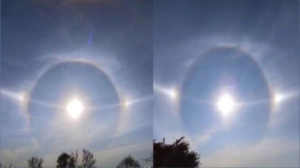 11月4日辽宁沈阳又出现了“三个太阳”横挂空中的奇观。(图片来源:微博)