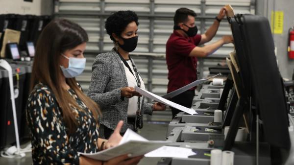2020年10月14日,佛州工作人员在测试投票机。(图片来源:Joe Raedle/Getty Images)