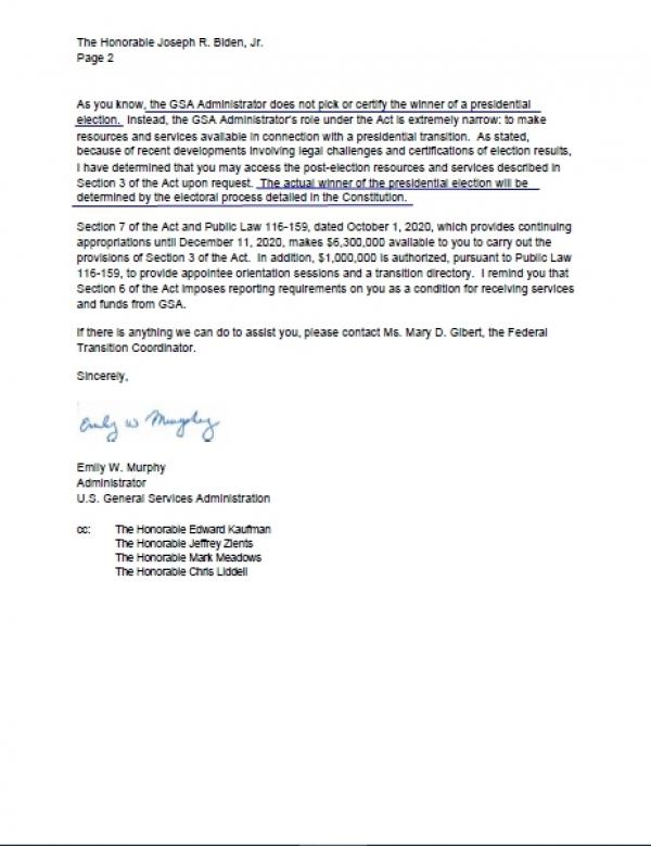 美国联邦总务署(GSA)署长墨菲(Emily Murphy)11月23日给民主党人乔·拜登的信,第二页,明确表示大选的真正赢家将由宪法程序决定。(图片来源:总务署PDF文件)