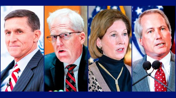 弗林将军“勤王”,米勒收权,鲍威尔、林伍德展开史诗级诉讼。(图片来源:弗林:CHRIS KLEPONIS/AFP VIA GETTY IMAGES;米勒:JOSHUA ROBERTS/POOL/AFP VIA GETTY IMAGES;鲍威尔:MANDEL NGAN/AFP VIA GETTY IMAGES;伍德:GAGE SKIDMORE/WIKI/CC BY-SA;)