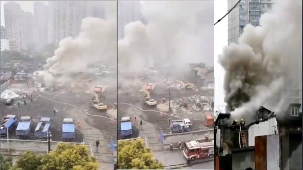 网友爆料上海黄浦区董家渡遭中共当局暴力强拆,屋主为保卫房屋点燃煤气钢瓶引爆身亡(图片来源:推特)