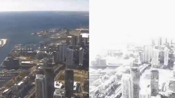 纽约州出现流星大爆炸,整座城市瞬间被一片白光笼罩,上图为爆炸时同一地点的对比图片。(视频截图)
