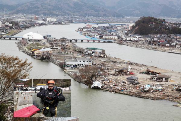 大图:311东日本大地震后的景象(123RF);小图:高松康夫多年潜入海底,寻找爱妻踪影。