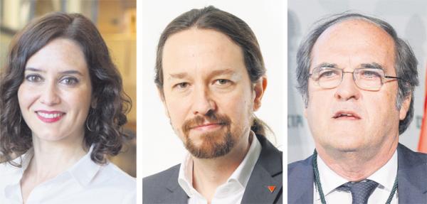 左图：右派人民党候选人阿尤索（PP Comunidad de Madrid/ Wikipedia/ CC-BY-2.0）；中图：左派我们能党候选人伊格莱西亚斯(La Moncloa-Gobierno de España/ Wikipedia)；右图：左派社工党候选人加比隆多（Junta de Andalucía/Wikipedia/CC BY-SA 2.0）